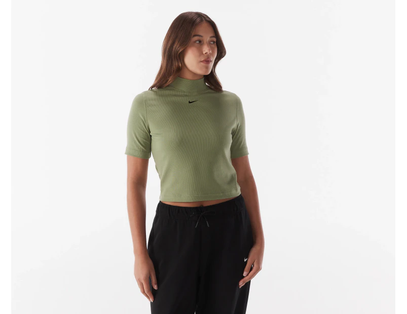 Nike Sportswear Women's Essential Ribbed Mock-Neck Short Sleeve Top - Oil Green