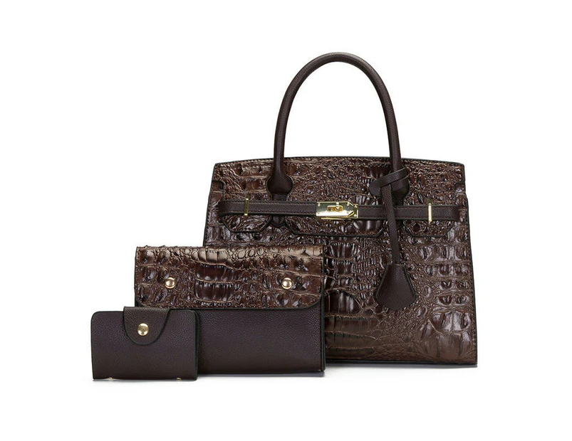 Bags for Women's Crocodile Pattern Handbag Set Leather Shoulder Bag Handbag Wallet Purse 3 Pcs Set-Coffee color