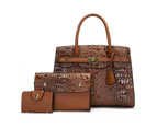 Bags for Women's Crocodile Pattern Handbag Set Leather Shoulder Bag Handbag Wallet Purse 3 Pcs Set-Light brown