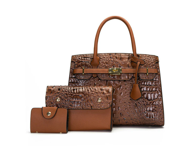 Bags for Women's Crocodile Pattern Handbag Set Leather Shoulder Bag Handbag Wallet Purse 3 Pcs Set-Light brown