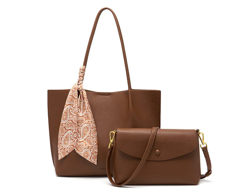 Tote Bag for Women，Handbags and Crossbody Bag Waterproof PU Leather Shoulder Bags 2pcs Set-coffee