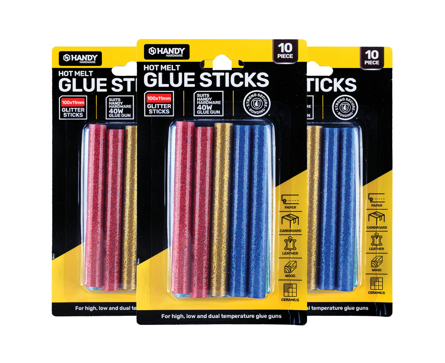 Handy Hardware 100PCE Glitter Hot Melt Glue Sticks Vibrant Colours 100 x 11mm