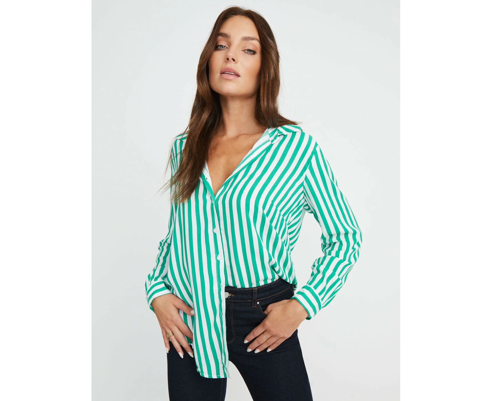 Rockmans - Womens - Tops - Winter - Blouse / Shirt - Turquoise - Long Sleeve - Striped White / Emerald - Length Long - Relaxed Fit - Work Clothes