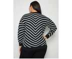 AUTOGRAPH - Plus Size -  Long Sleeve Chevron Stripe Jumper - Black/White