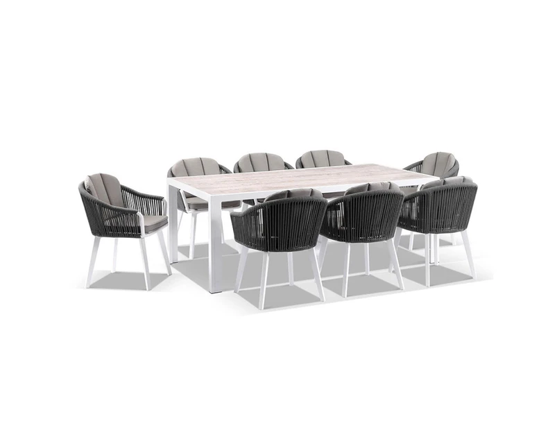 Outdoor Alpine Outdoor 8 Seater Rope And Aluminium Dining Table And Chairs Setting - Outdoor Dining Settings - Frost White