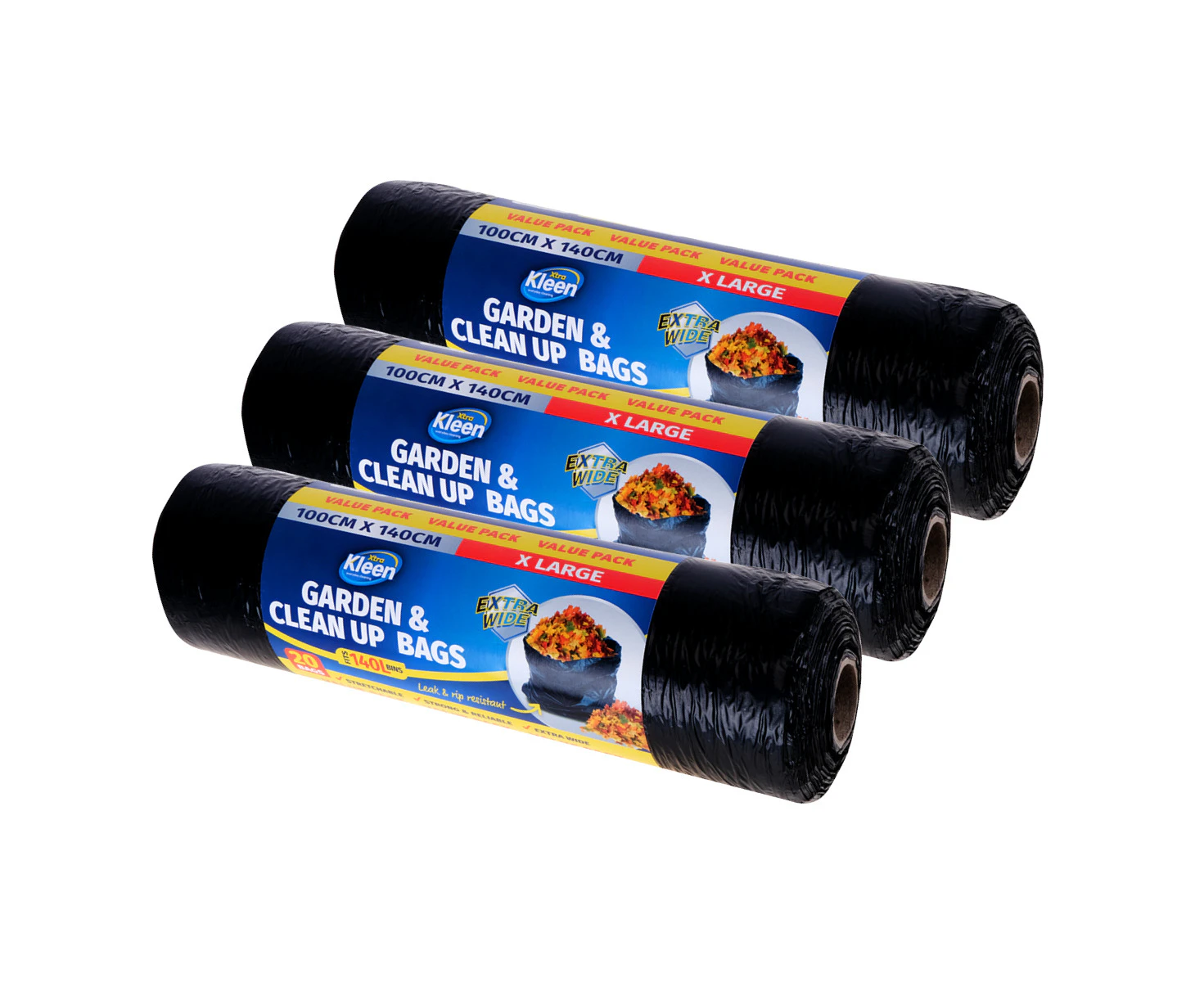 Xtra Kleen 120PCE 140L X-Large Garbage Bags Tear & Leak Resistant 100 x 140cm - Black