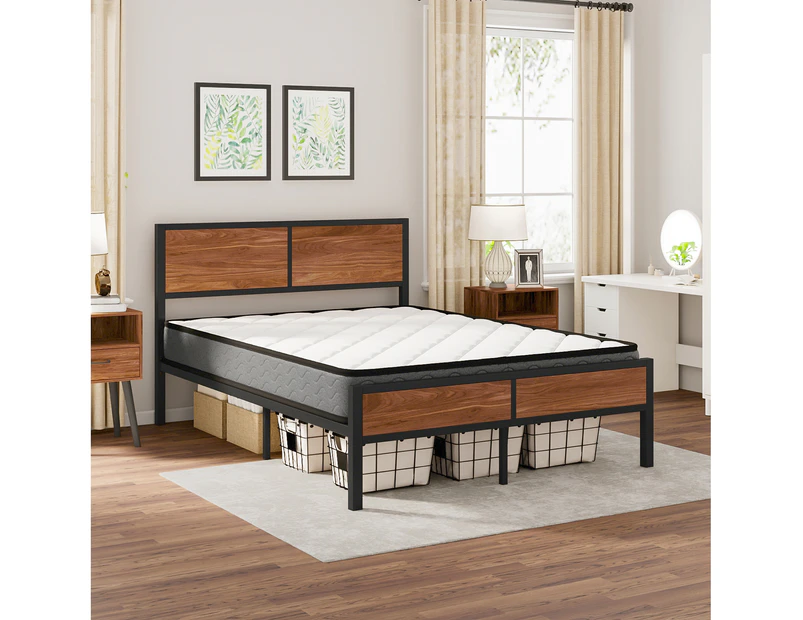 Industrial Double Bed Frame & Double Mattress 16CM Thickness with Wood Headboard Slats and Metal Frame