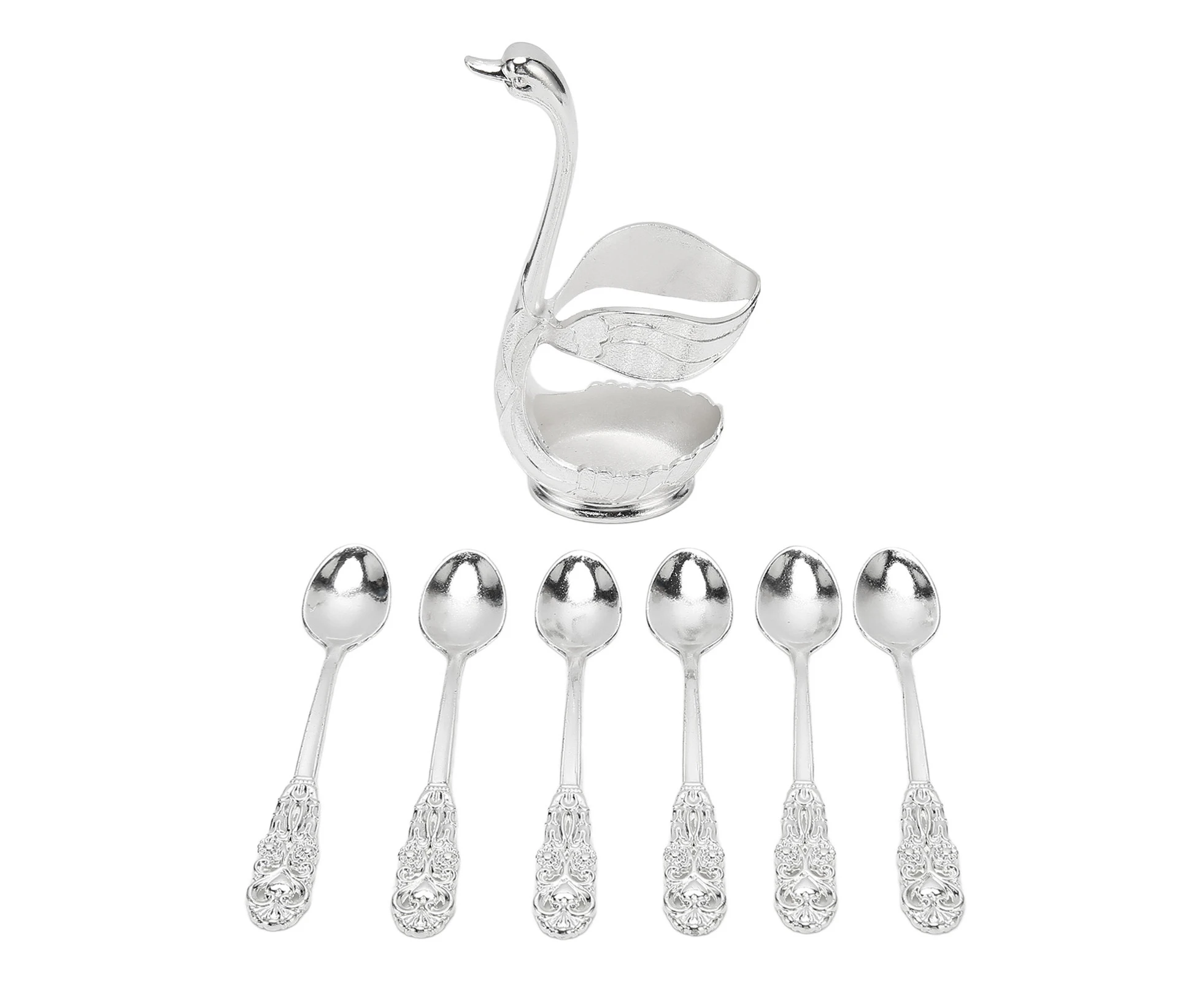 6Pcs Coffee Dessert Spoon Set Metal Swan Base Holder Dessert Spoon Organizer With 6Pcs Spoons Teaspoon For Fruit Cake