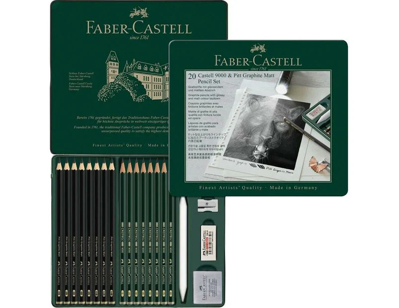 Faber Castell Set Pitt Graphite Matt Pencils, Eraser, Sharpener & Castell 9000 Tin Of 20