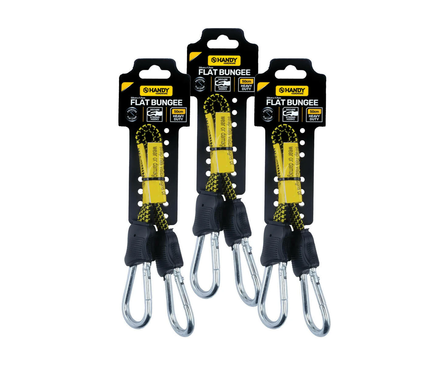 Handy Hardware 6PCE Flat Bungee Cords Powerful Metal Carabiner Hooks 50cm - Black and Yellow