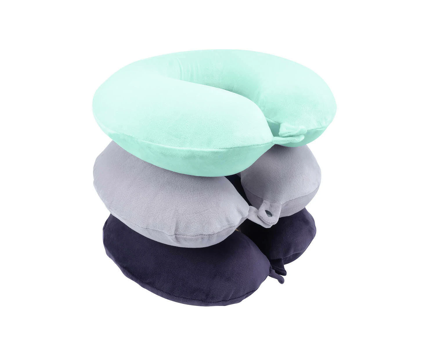 Swosh 3PCE Memory Foam Travel Pillows Snap Lock Button Closure 30 x 32cm - Mint, Grey, Blue