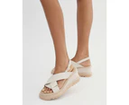 Jo Mercer Women's Katya Mid Heel Wedge Sandals Off White Leather