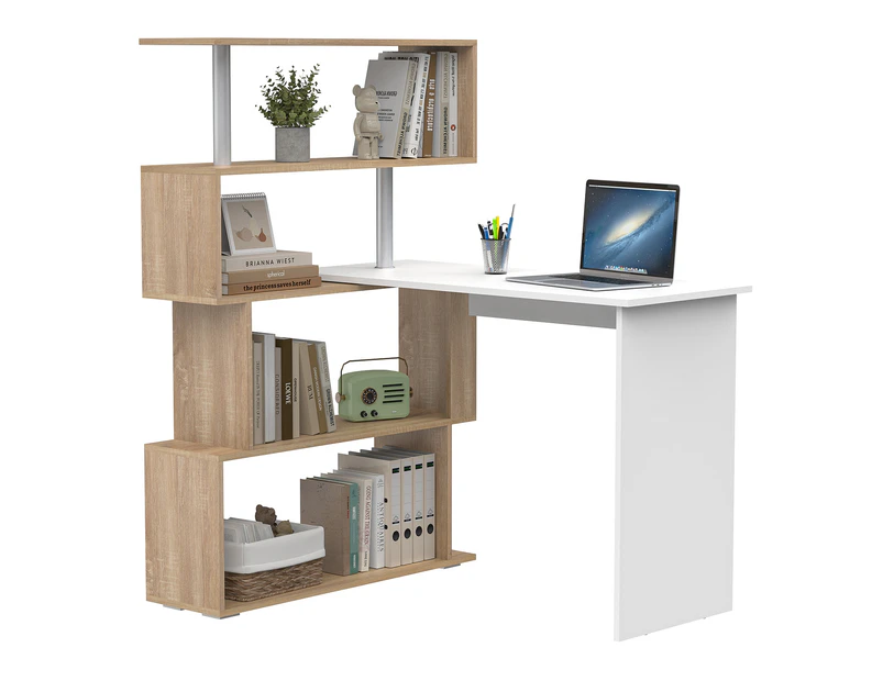 Advwin Computer Desk 180° Rotatable Movable Laptop Table,with Bookshelf Storage Shelves