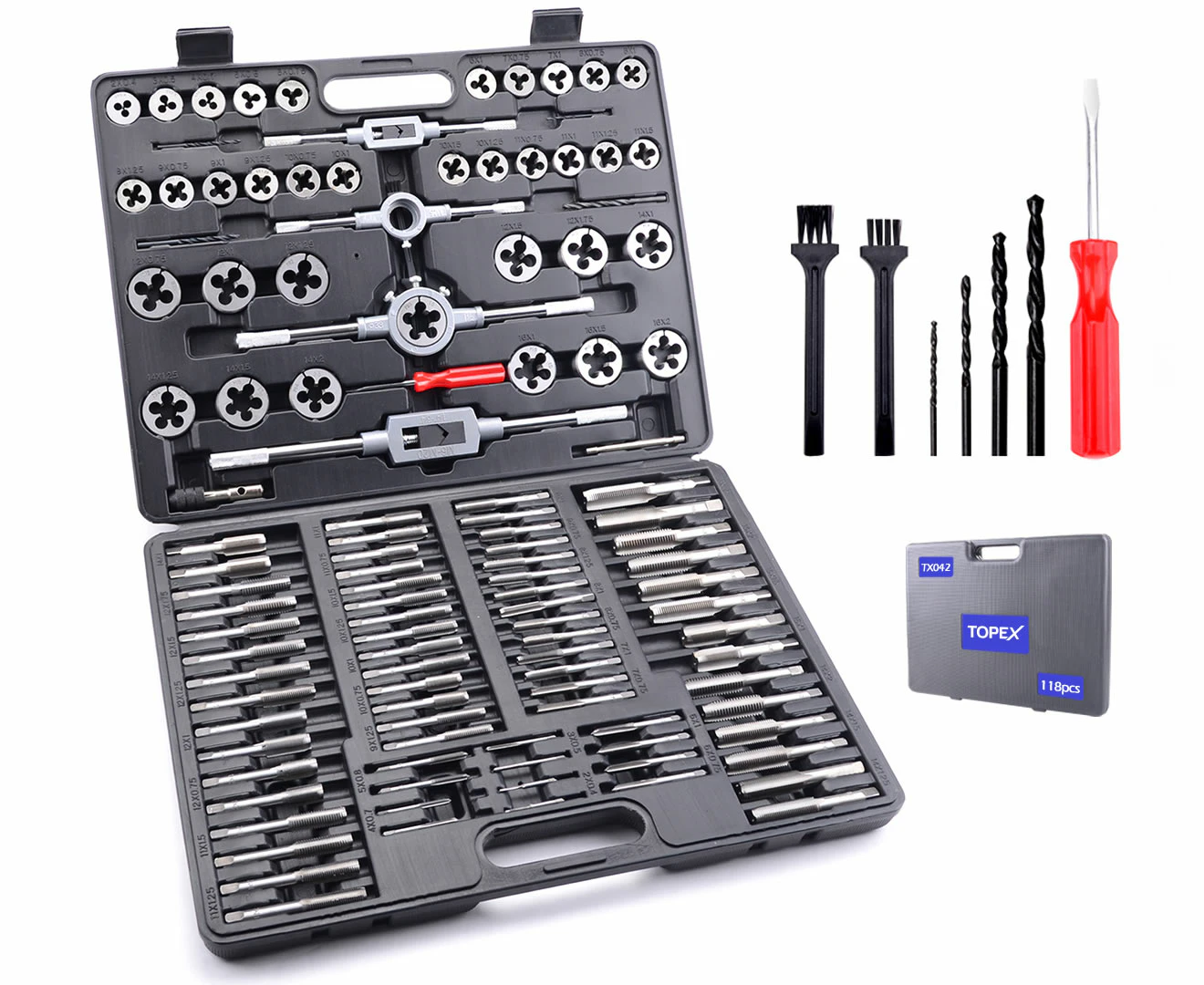 TOPEX 118-Piece Metric Tap and Die set Screw Thread Drill Repair Kit M2-M18