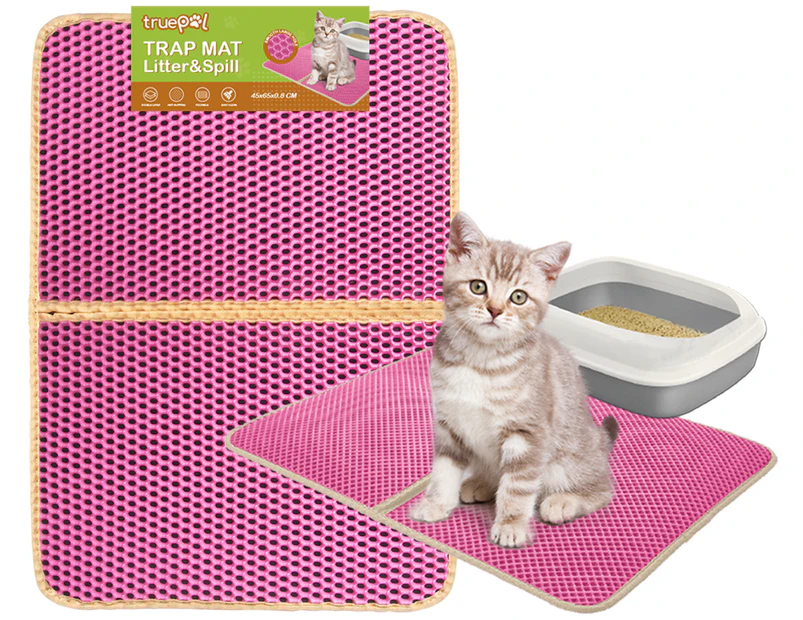 truepal Double-Layer Cat Litter Mat 65 x 45cm Waterproof Trapper Foldable Pad Pet Rug (Pink)