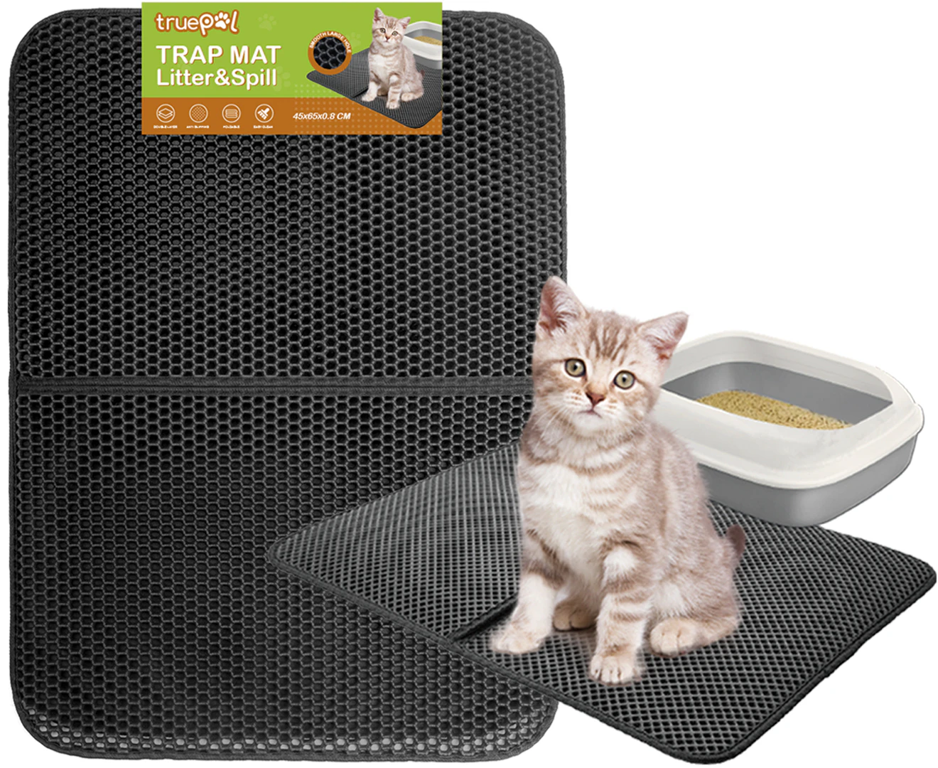 truepal Double-Layer Cat Litter Mat 65 x 45cm Waterproof Trapper Foldable Pad Pet Rug (Black)