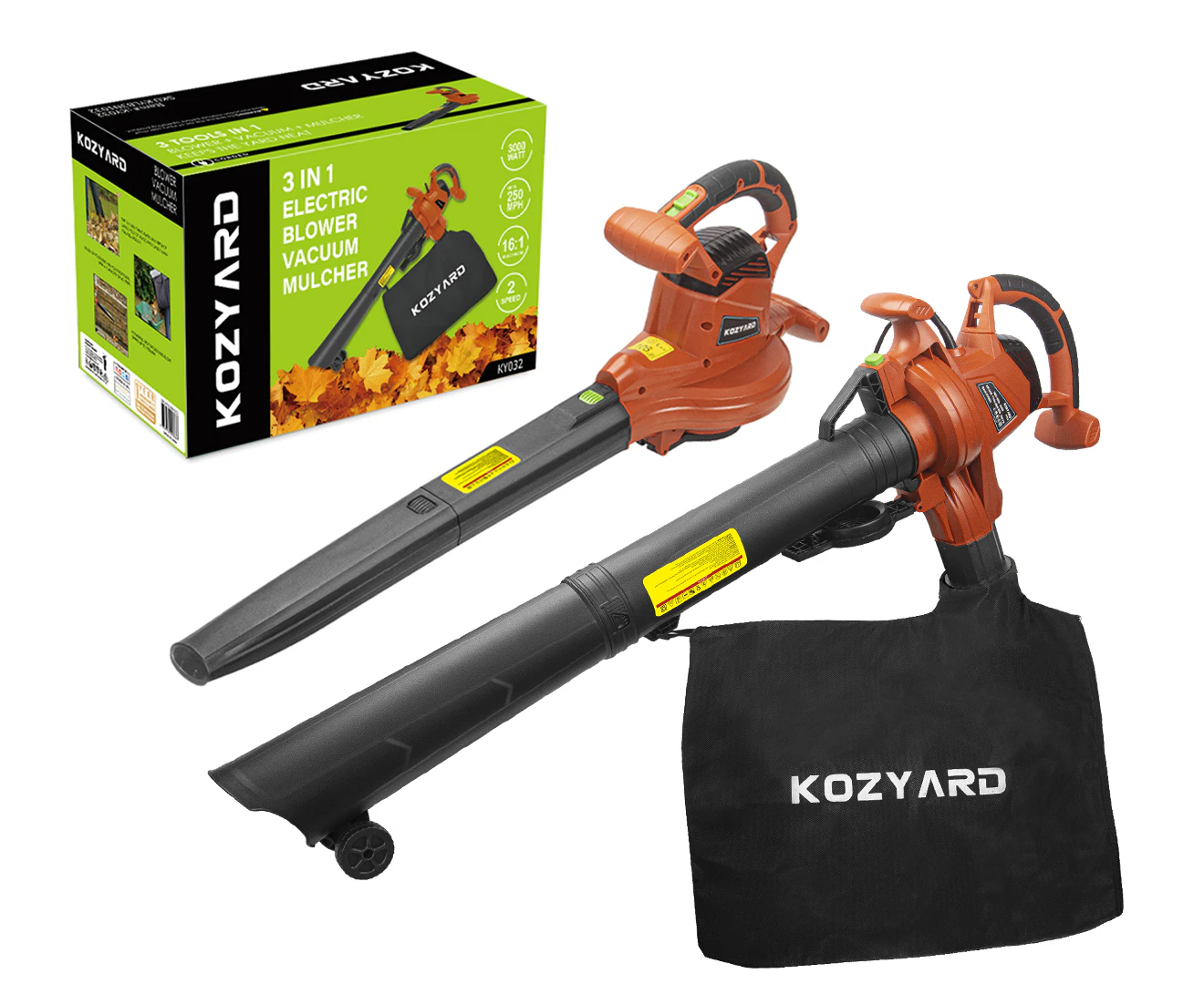 KOZYARD 3-in-1 Electric Leaf Blower Vacuum Mulcher 3000W Hand-Held Leaf Vac Garden Gauge