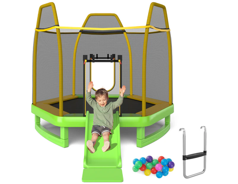 Costway 3in1 7FT Round Trampoline Kids Bouncer Jumping Rebounder Indoor Outdoor w/Slide Ladder 20 Ocean Balls