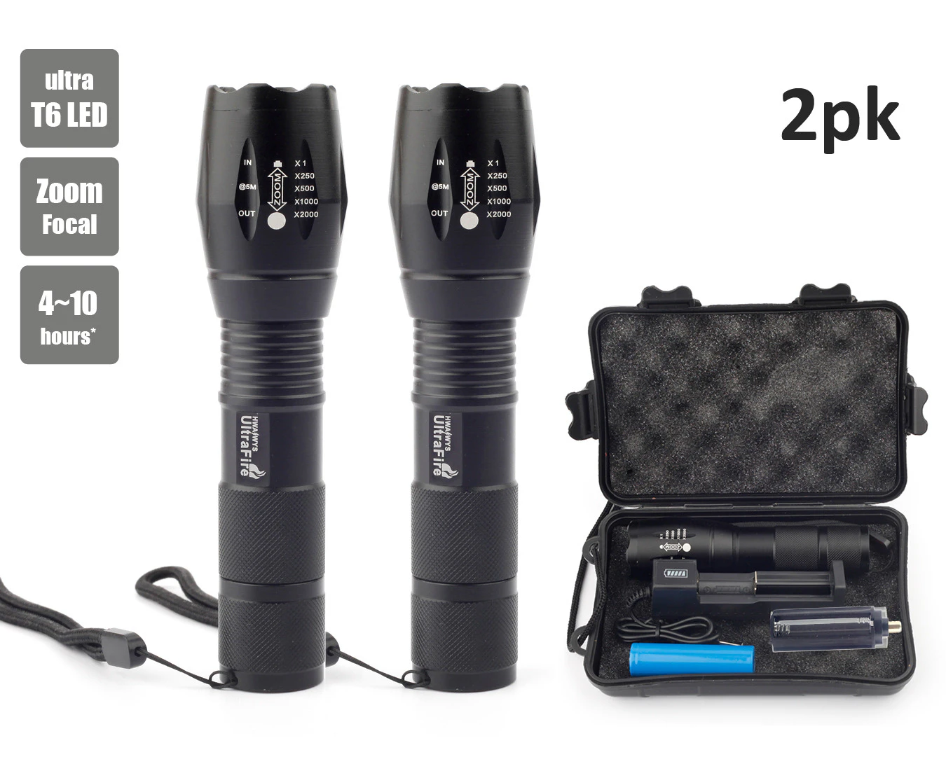 2pk Focal T6 LED  Light Torch (Sydney Stock) Handheld Zoom Flashlight 18650 USB Rechargeable Outdoor Camping Waterproof