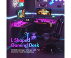 Advwin L Shaped Gaming Desk with RGB LED Lights & Power Outlets Computer Desk with Monitor Stand Corner Desk Study Table with Hook Black