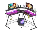 Advwin L Shaped Gaming Desk with RGB LED Lights & Power Outlets Computer Desk with Monitor Stand Corner Desk Study Table with Hook Black