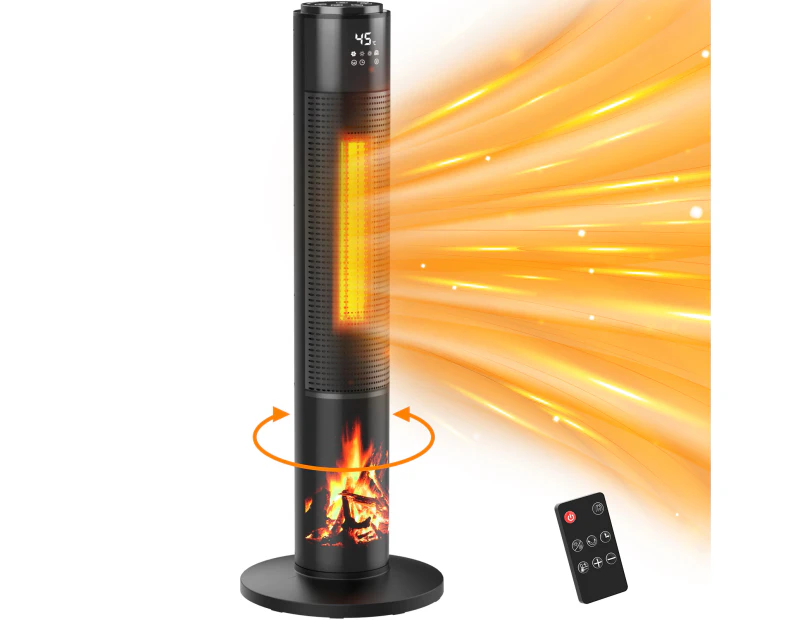 YOPOWER Portable Tower Space Heater with 3D Electric Fireplace, 2000W Ceramic Heater with Thermostat 65° Oscillation Tip-over 8H Timer