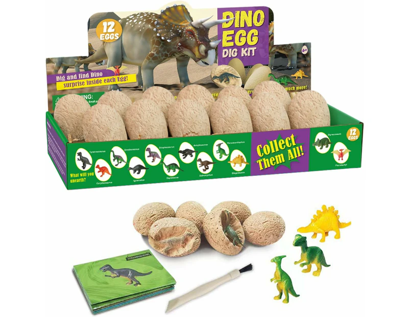 12 Pack Dino Eggs Dig Kit,Dig Up Dinosaur Fossil Eggs, Break Open 12 Unique Eggs and Discover 12 Cute Dinosaurs, Easter Digging Toy for 3-12 Year Old Boys