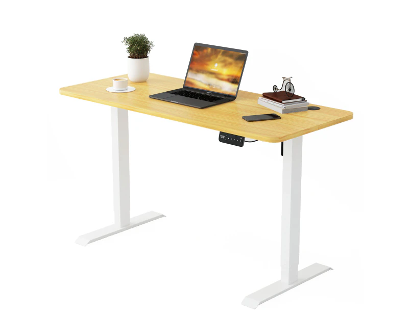 Advwin Electric Standing Desk Motorised Sit Stand Desk Ergonomic Stand Up Desk with 120 x 60cm Splice Board White Frame/Oak Color Table Top