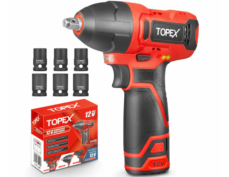 TOPEX 12V Cordless Impact Wrench with 3/8-Inch Chuck, Torque Max 120 N.m, 6 Sockets