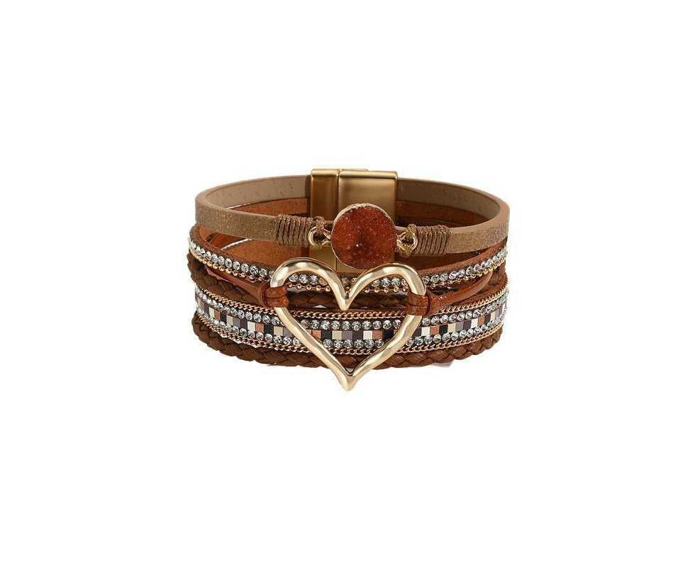 Chic Women's Multi-Color Leather Wrap Bracelet Love Heart Charms Magnetic Clasp - Coffee