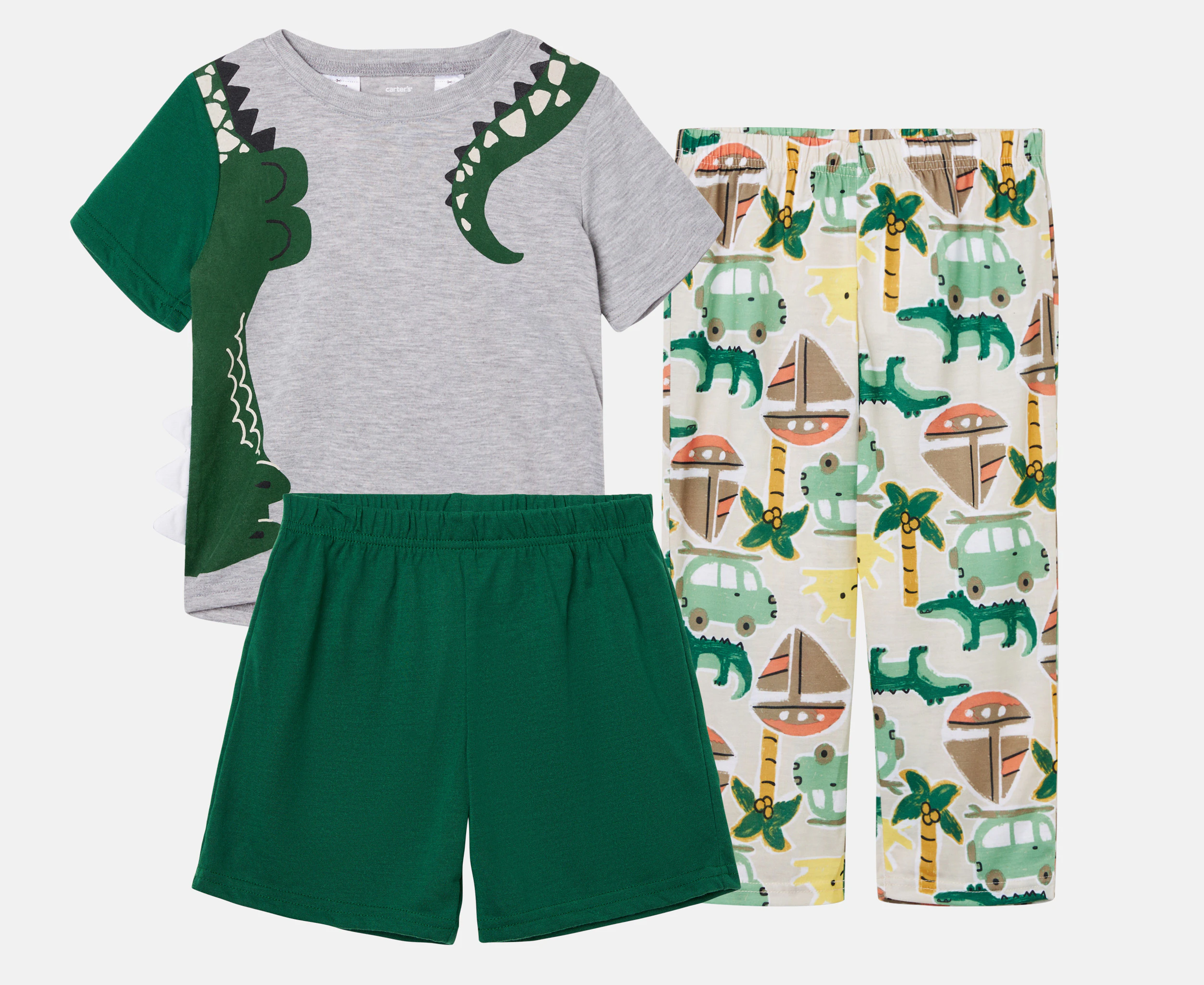 Carter's Toddler Boys' 3-Piece Alligator Loose Fit Pyjama Set - Grey/Green