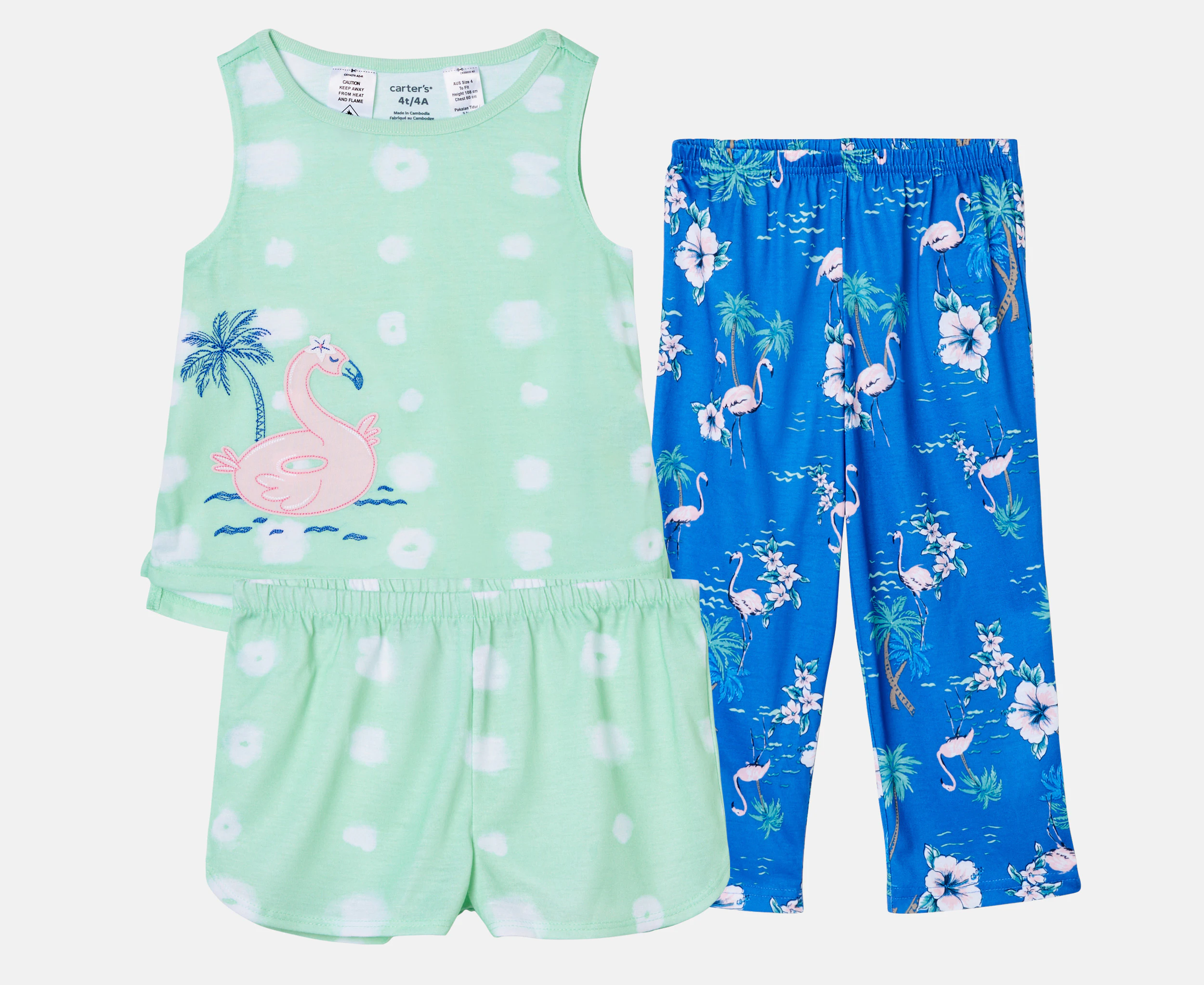 Carter's Toddler Girls' 3-Piece Flamingo Loose Fit Pyjama Set - Green/Blue