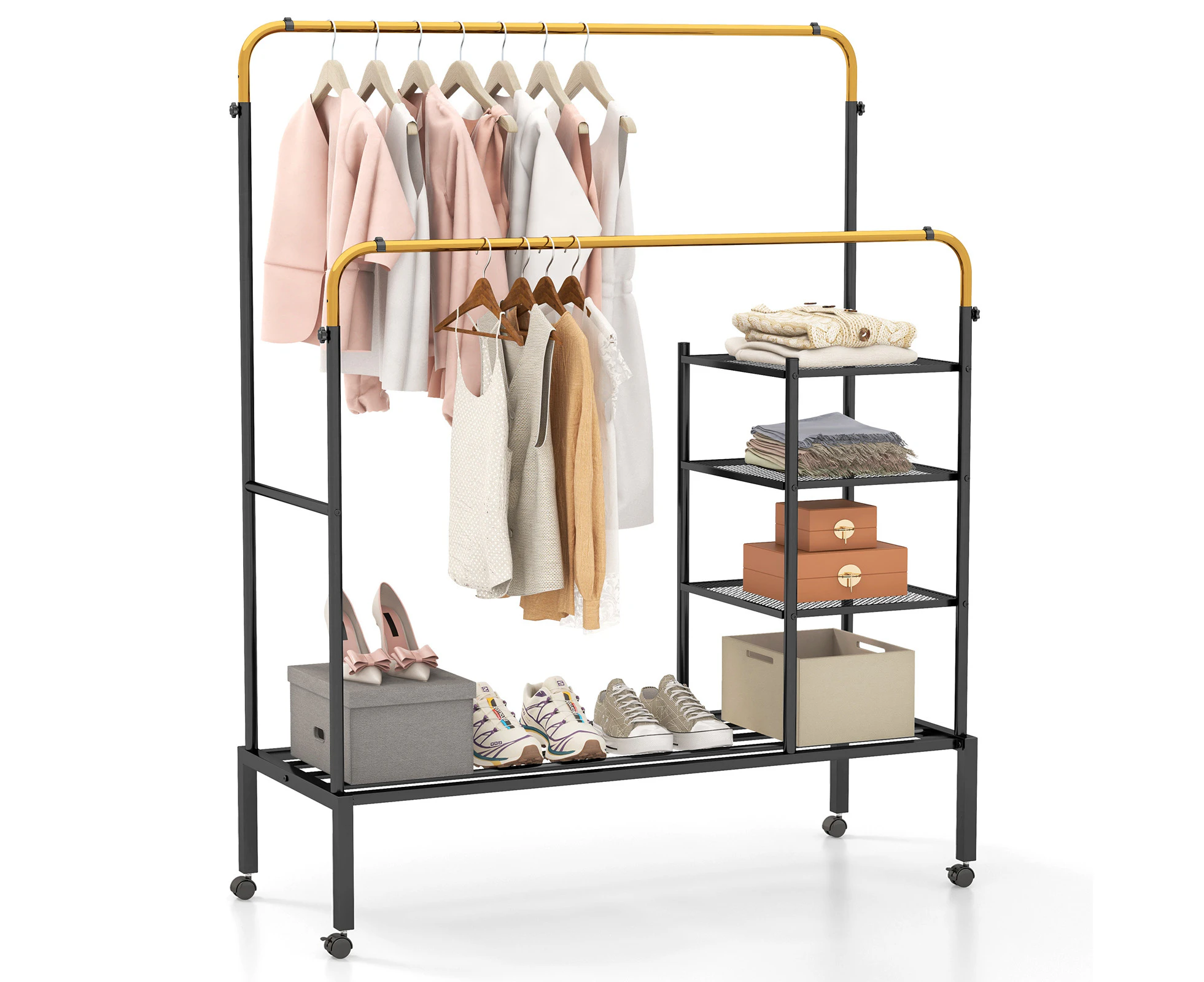 Giantex Heavy Duty Double Rail Garment Rack Rolling Clothes Display Stand Height Adjustable w/Storage Shelves & Shoe Rack, Gold