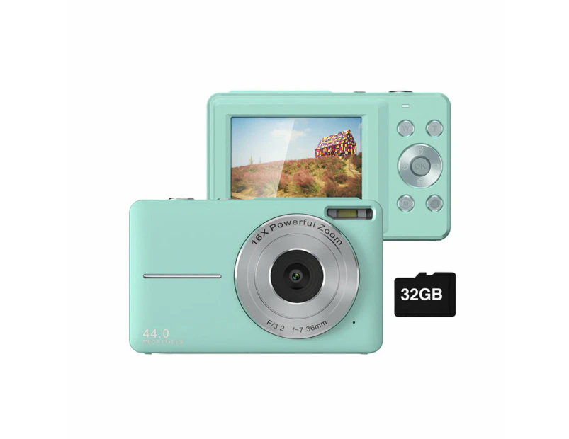 16X Zoom Digital Camera with 32GB Card 1080P Mini Video Camera for Teens Kids Green