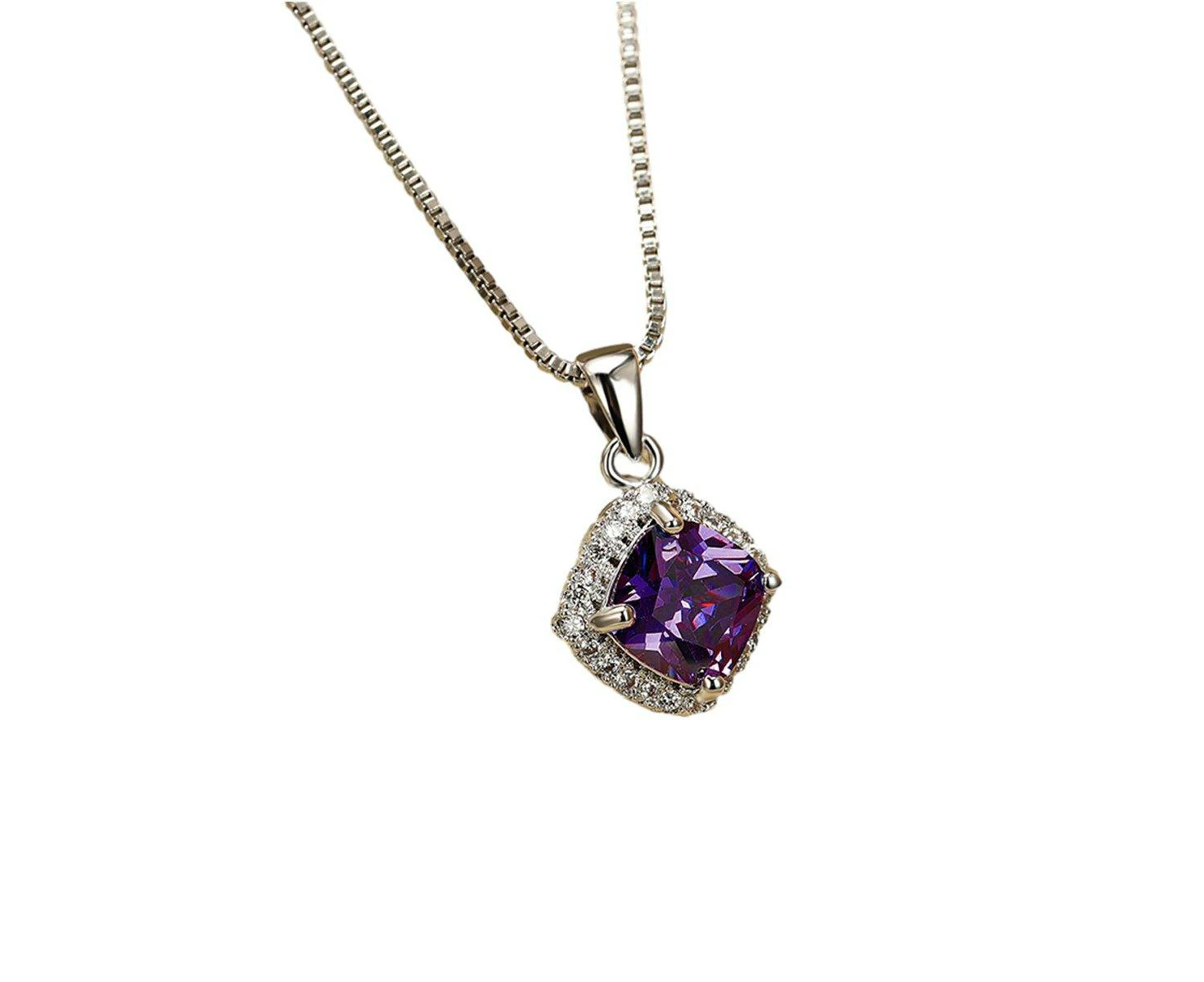 Fashion 925 Sterling Silver Stunning Square Cubic Zircon Pendant Necklace Chain - Purple