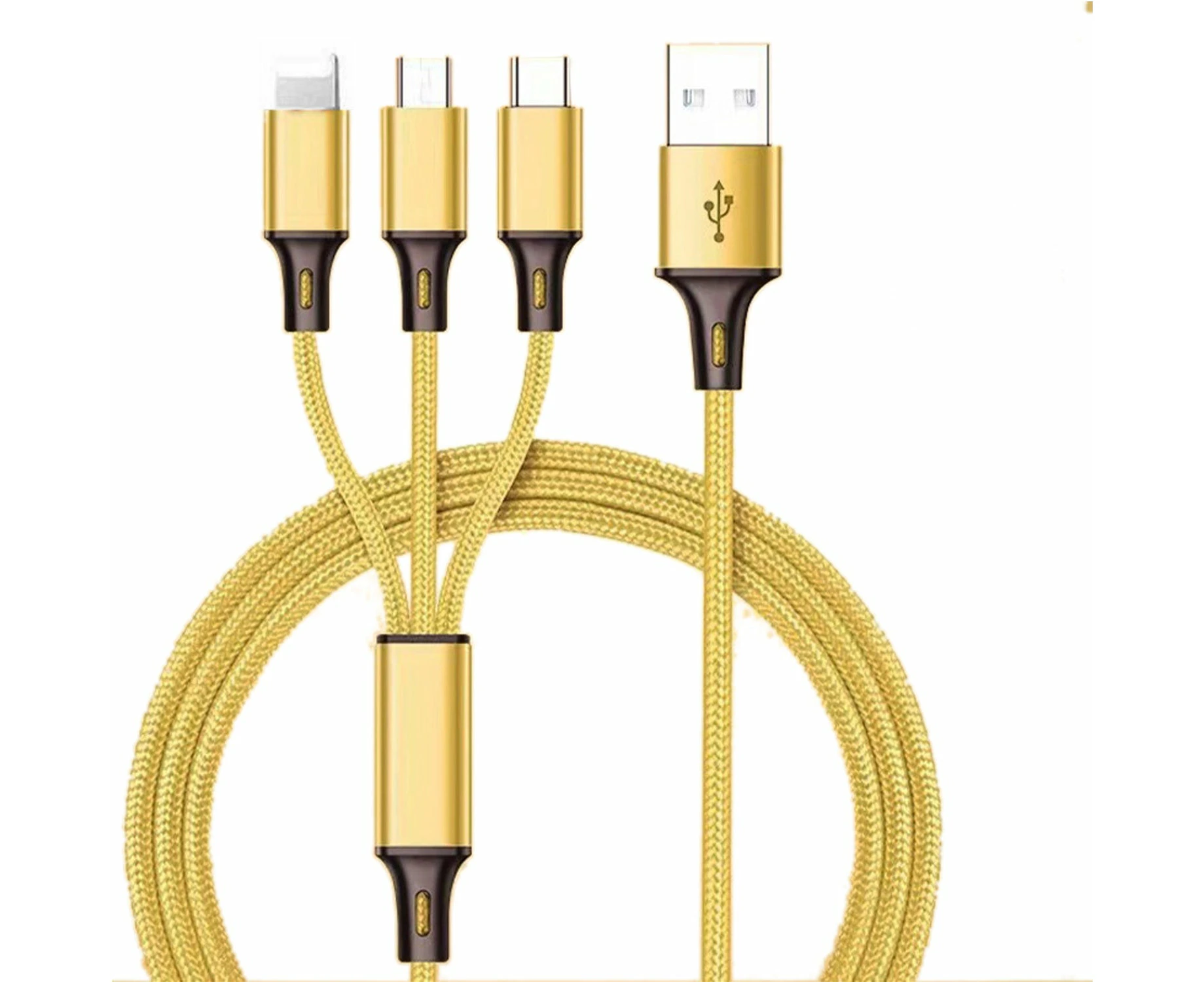 Multi Charger Cable 3in1 Fast Charging Nylon USB Universal Type C Micro 5 Colors - Gold