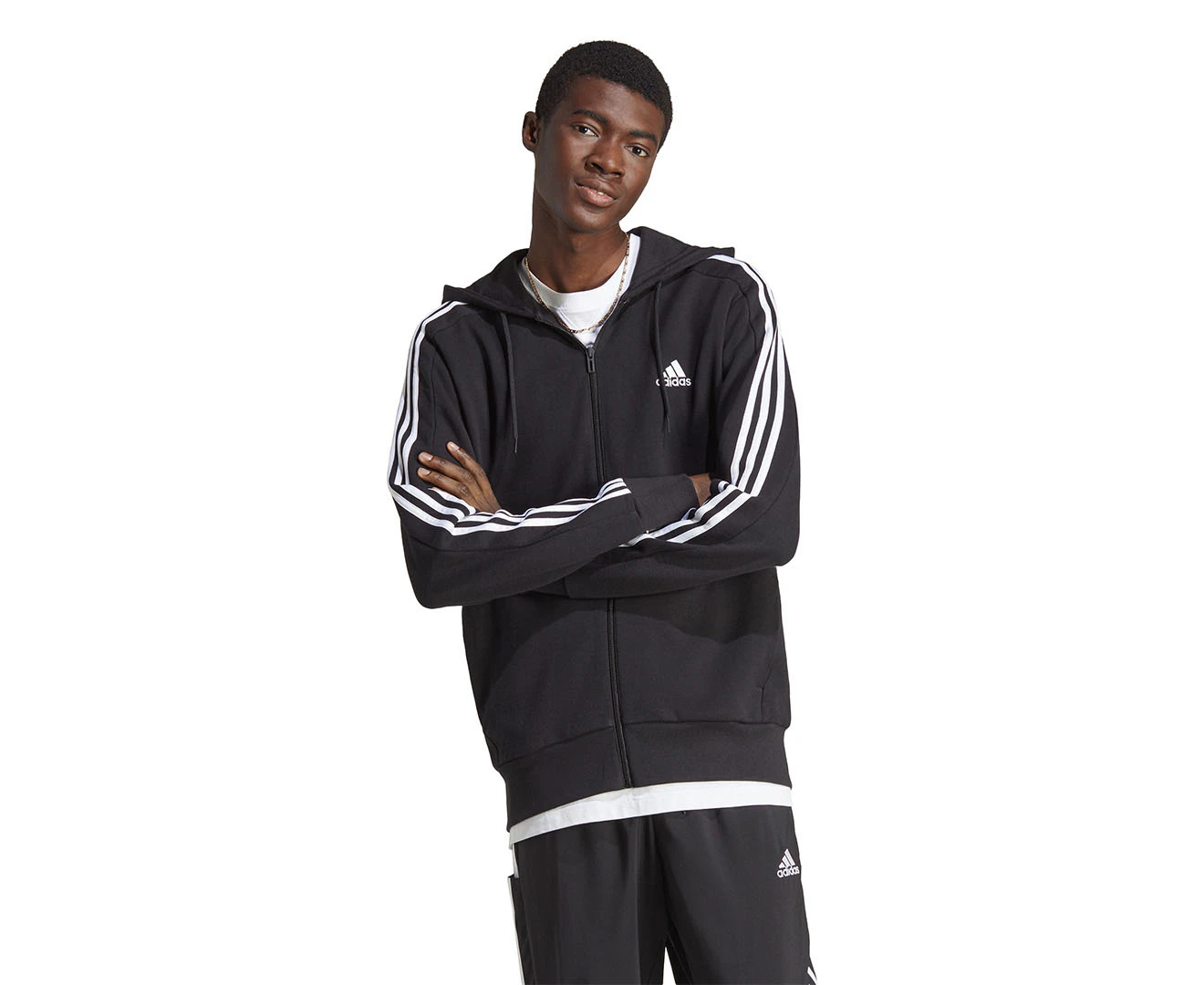 Adidas Men's Essentials French Terry 3-Stripes Full-Zip Hoodie - Black