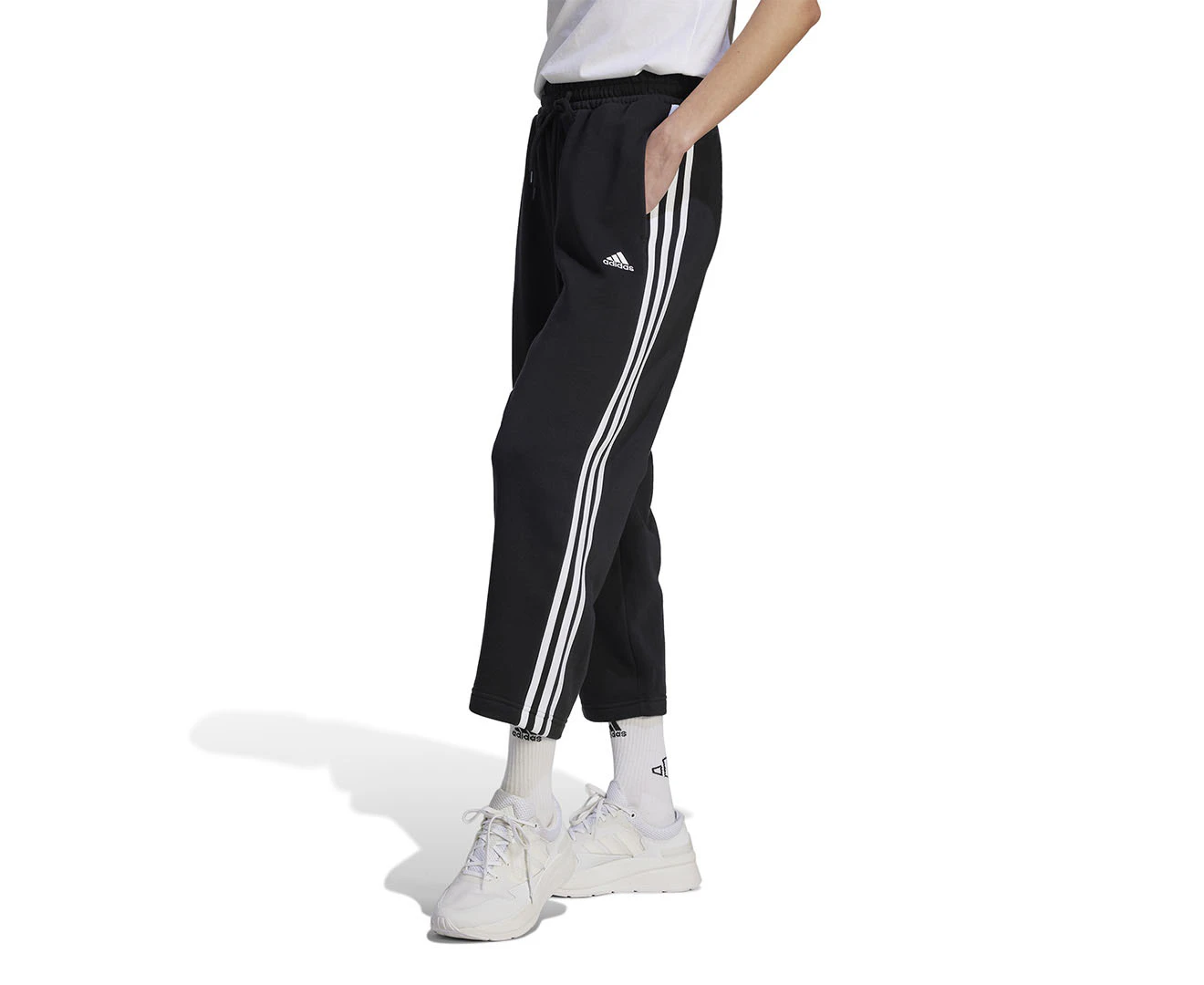 Adidas Women's 3-Stripes Open Hem Fleece Trackpants / Tracksuit Pants - Black/White