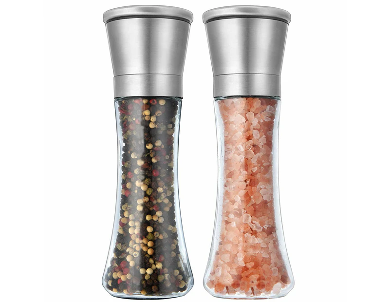 Elegant Pepper and Salt Grinder Set of 2, Best Spice Mill with Brushed Stainless Steel Cap, Ceramic Blades, Adjustable Coarseness, and Refillable T