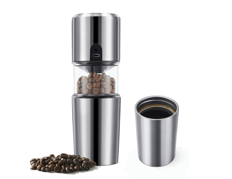 Electric Burr Coffee Grinder,Portable Single Serve Coffee Maker with Insulated Travel Mug,Small Coffee Bean Grinder with Multi Grind Setting and Fi