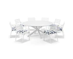 Outdoor Houston Outdoor 1.8M Round Aluminium Dining Setting With 8 Kansas Chairs - Outdoor Dining Settings - White Aluminium with Navy Striped cushions