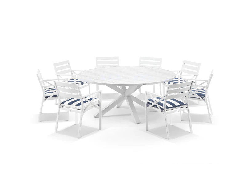 Outdoor Houston Outdoor 1.8M Round Aluminium Dining Setting With 8 Kansas Chairs - Outdoor Dining Settings - White Aluminium with Navy Striped cushions