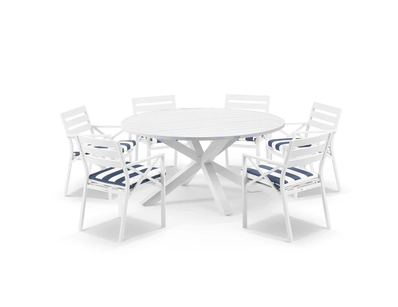 Houston Outdoor 1.5m Round Aluminium Dining Setting with 6 Kansas Chairs - Outdoor Aluminium Dining Settings - White