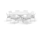 Outdoor Houston Outdoor 1.8M Round Aluminium Dining Setting With 8 Kansas Chairs - Outdoor Dining Settings - White Aluminium with Navy Striped cushions