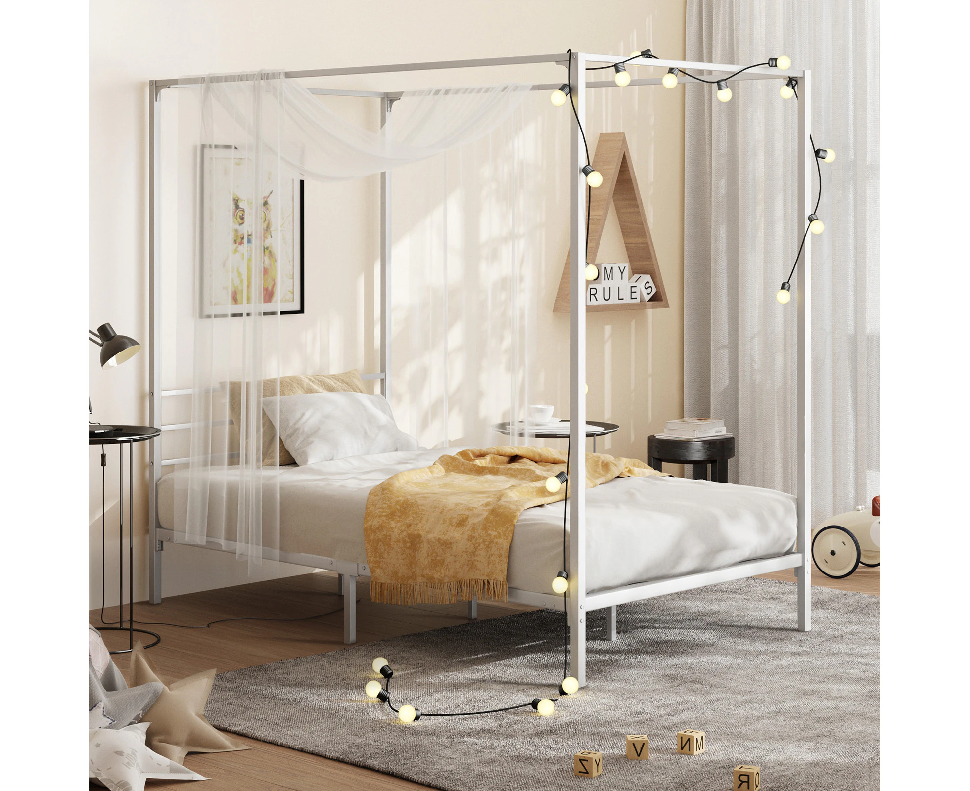 Oikiture Metal Canopy Bed Frame Single Size Beds Platform White