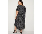 AUTOGRAPH - Plus Size -  V Neck Short Sleeve Hi Low Woven Dress - Black Swirls