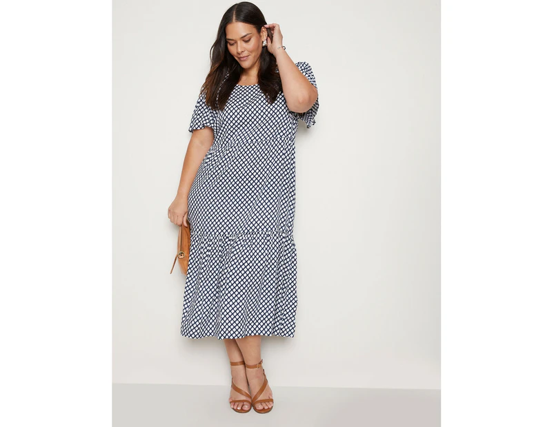 AUTOGRAPH - Plus Size -  Tiered Midi Woven Dress - Navy Tile