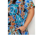 AUTOGRAPH - Plus Size -  V Neck Short Sleeve Hi Low Woven Dress - Blue Floral