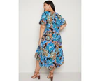 AUTOGRAPH - Plus Size -  V Neck Short Sleeve Hi Low Woven Dress - Blue Floral