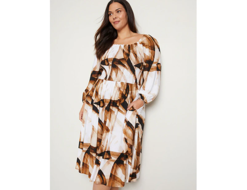 AUTOGRAPH - Plus Size -  3/4 Sleeve Shirred Woven Midi Dress - Brown Swirl